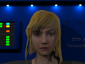 Risha Dyrrya in the corridor of Earthship. She is Timothy's unreasonable alien crush. This is not my idea version of her, but I was constrained because I couldn't properly animate native 3ds Max hair. I need more software.